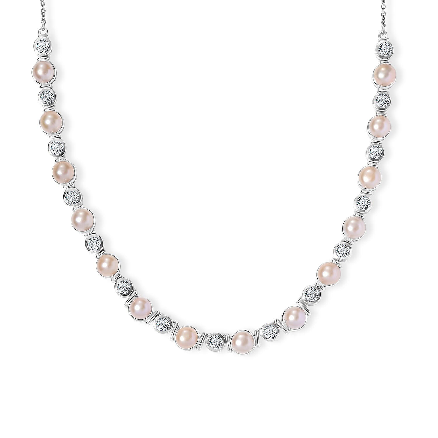 EverTrue Pink Freshwater Pearl and White Topaz 5.50 ctw Endless Pearl Harmony Necklace (18-20 Inches) in Platinum Bond