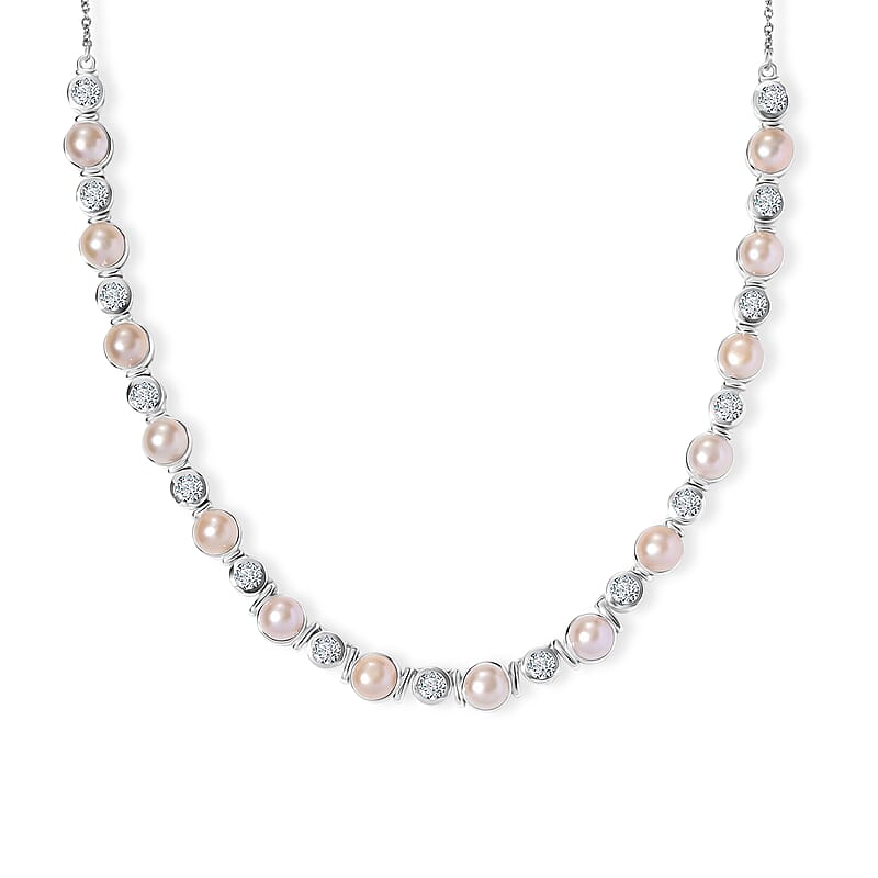 EverTrue Pink Freshwater Pearl and White Topaz 5.50 ctw Endless Pearl Harmony Necklace (18-20 Inches) in Platinum Bond
