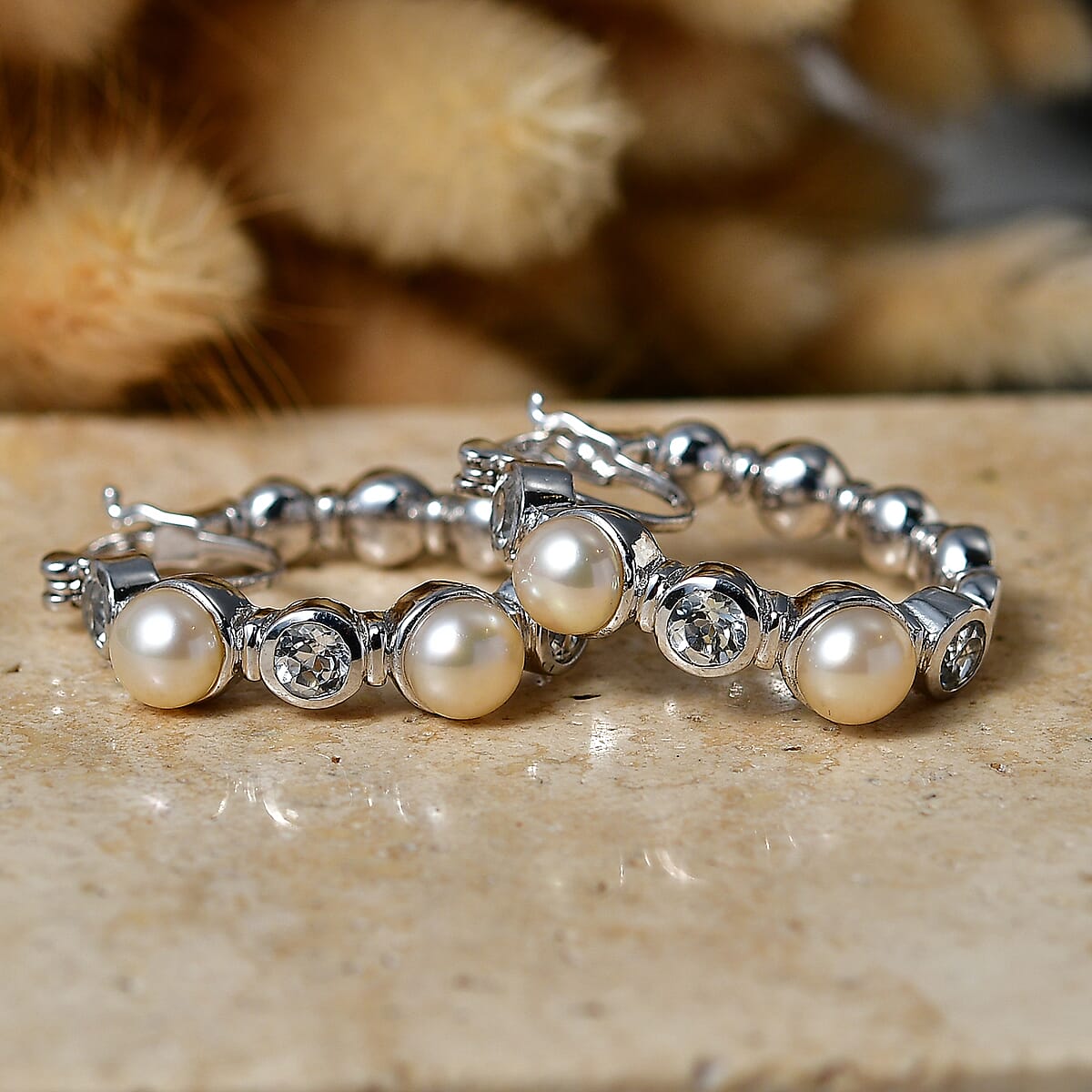 EverTrue Pink Freshwater Pearl and White Topaz 1.65 ctw Endless Pearl Harmony Earrings in Platinum Bond image number 1