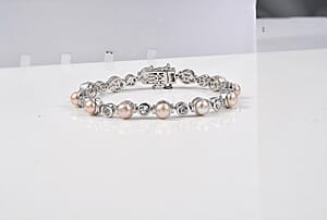 EverTrue Pink Freshwater Pearl and White Topaz 3.15 ctw Endless Pearl Harmony Bracelet in Platinum Bon (7.25 In)