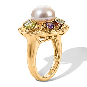 EverTrue Pink Freshwater Pearl and Multi Gemstone 4.50 ctw Lustre Bloom Ring in 18K YG Plated (Size 10.0)