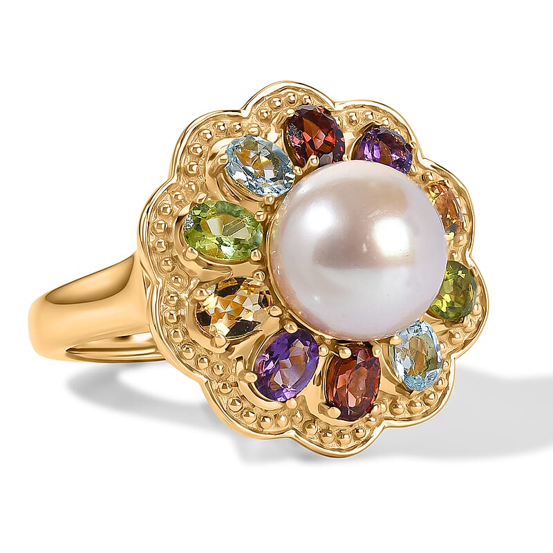 EverTrue Pink Freshwater Pearl and Multi Gemstone 4.50 ctw Lustre Bloom Ring in 18K YG Plated (Size 5.0)