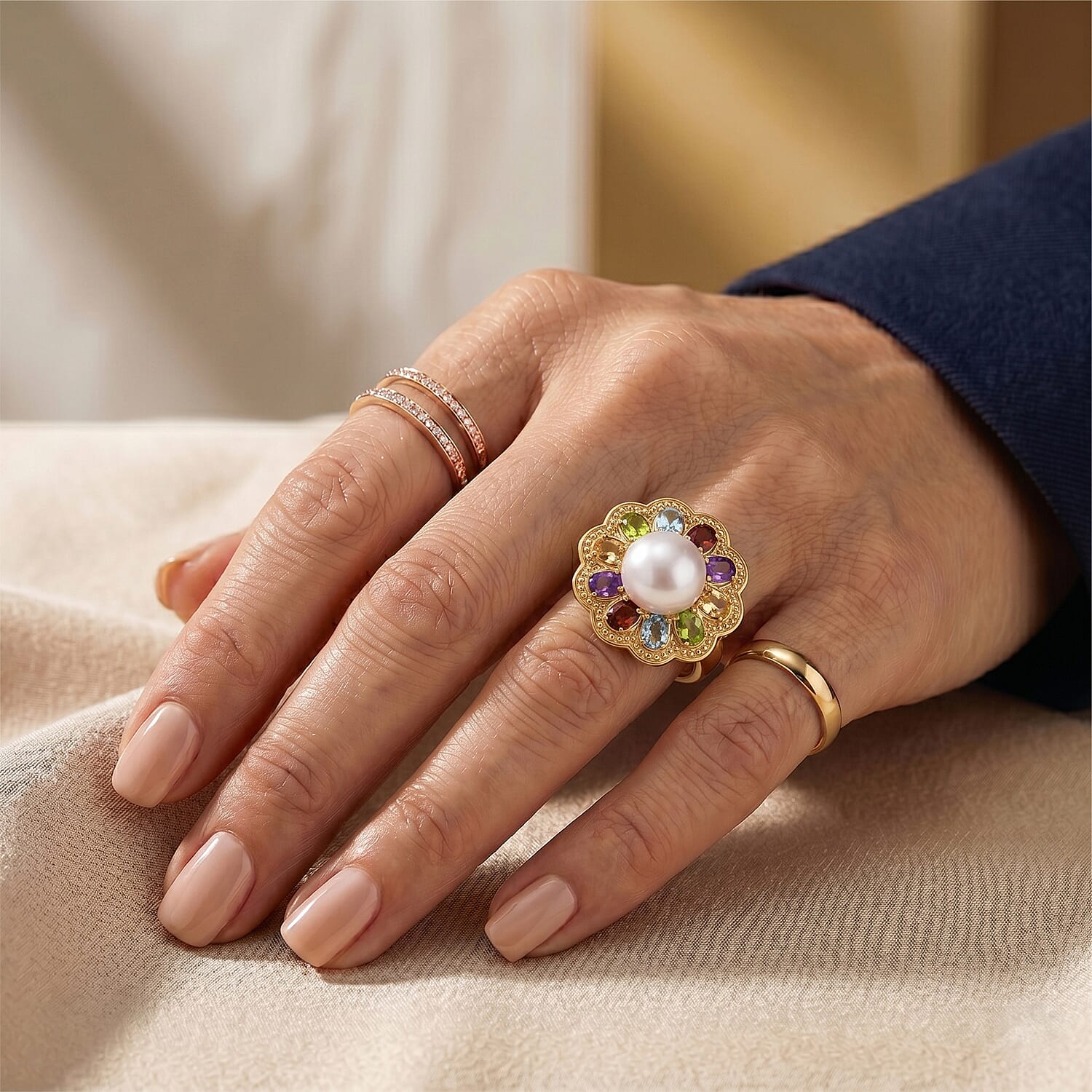 EverTrue Pink Freshwater Pearl and Multi Gemstone 1.85 ctw Lustre Bloom Ring in 18K YG Plated (Size 6.0)