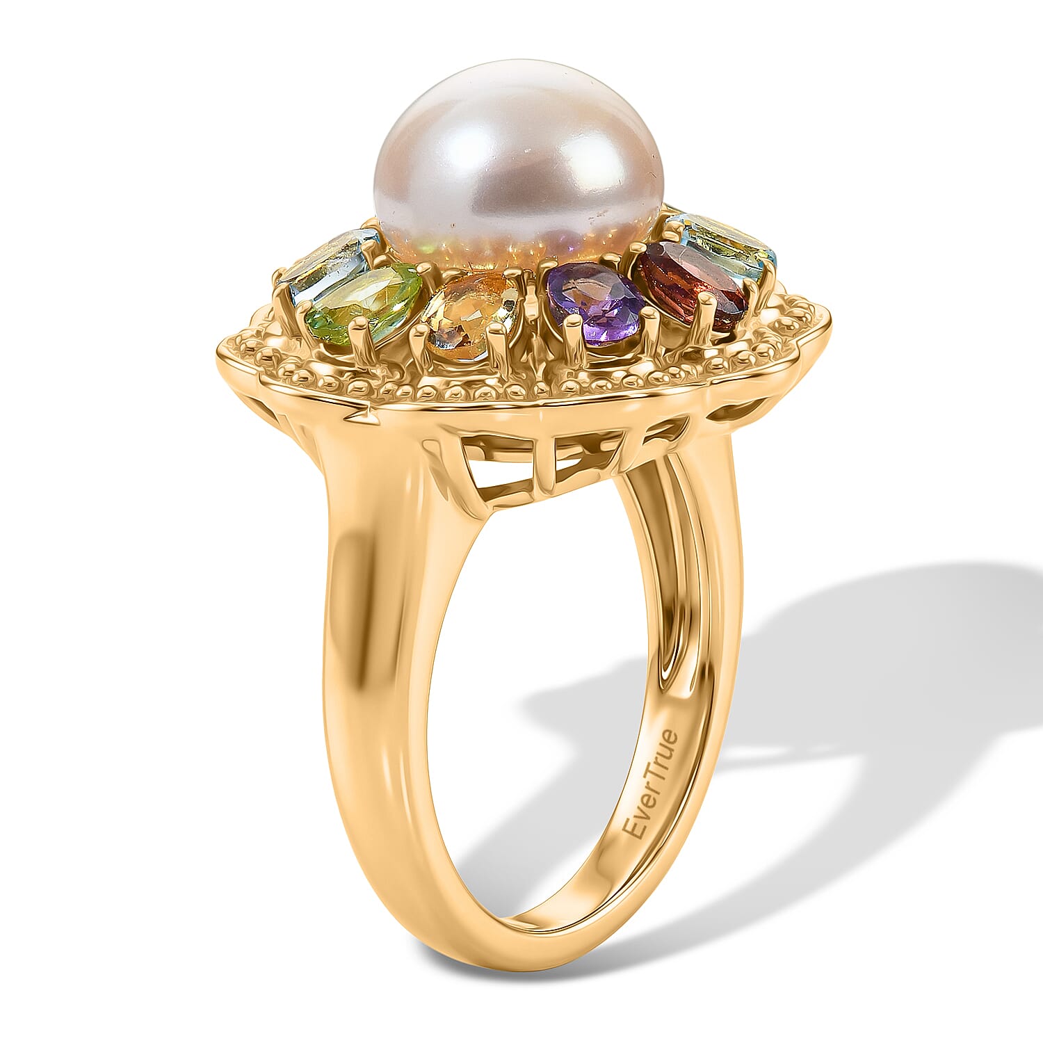 EverTrue Pink Freshwater Pearl and Multi Gemstone 1.85 ctw Lustre Bloom Ring in 18K YG Plated (Size 6.0)