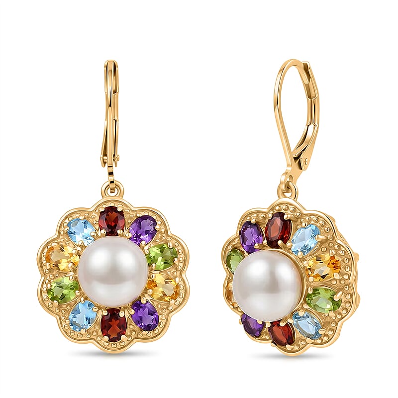 EverTrue Pink Freshwater Pearl and Multi Gemstone 6.15 ctw Lustre Bloom Earrings in 18K YG Plated