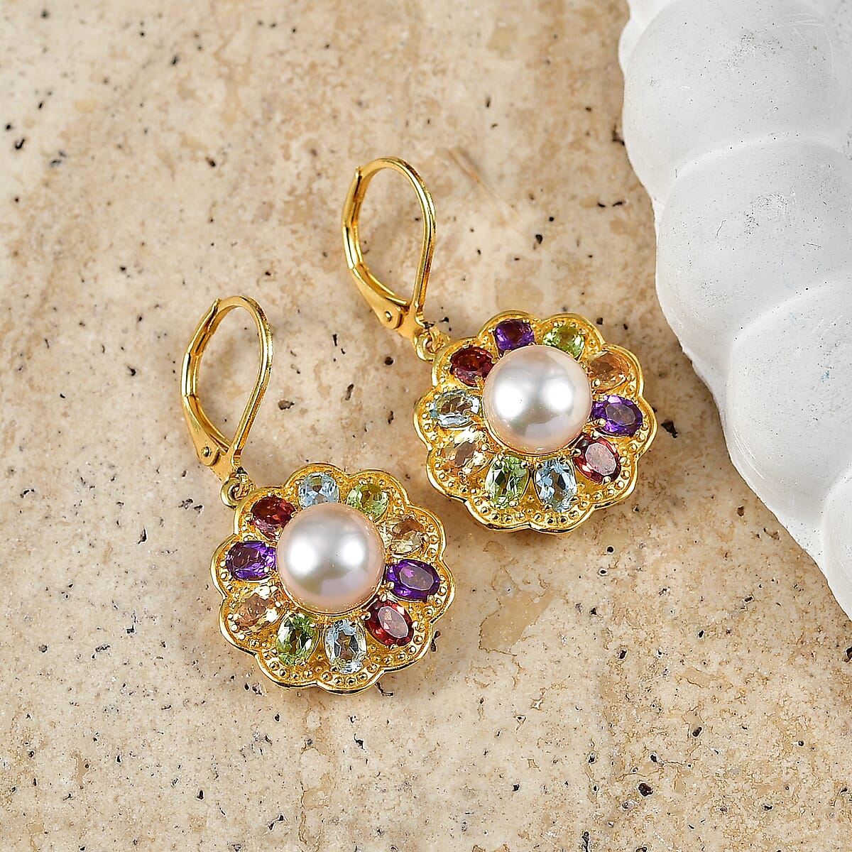EverTrue Pink Freshwater Pearl and Multi Gemstone 6.15 ctw Lustre Bloom Earrings in 18K YG Plated image number 1