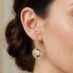EverTrue Pink Freshwater Pearl and Multi Gemstone 6.15 ctw Lustre Bloom Earrings in 18K YG Plated