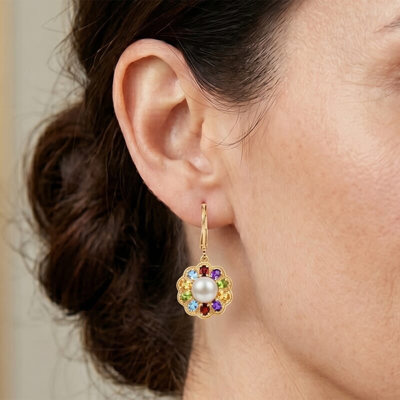 EverTrue Pink Freshwater Pearl and Multi Gemstone 6.15 ctw Lustre Bloom Earrings in 18K YG Plated