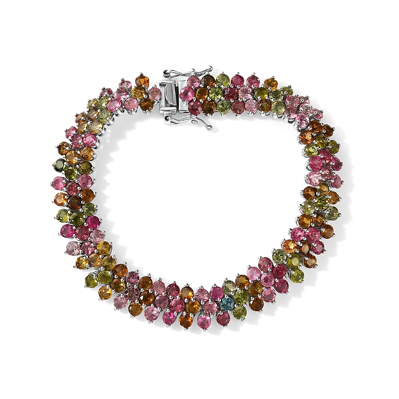D'Joy Multi-Tourmaline 19.40 ctw Floral Symphony Three Row Bracelet in Rhodium Over Sterling Silver (6.50 In)