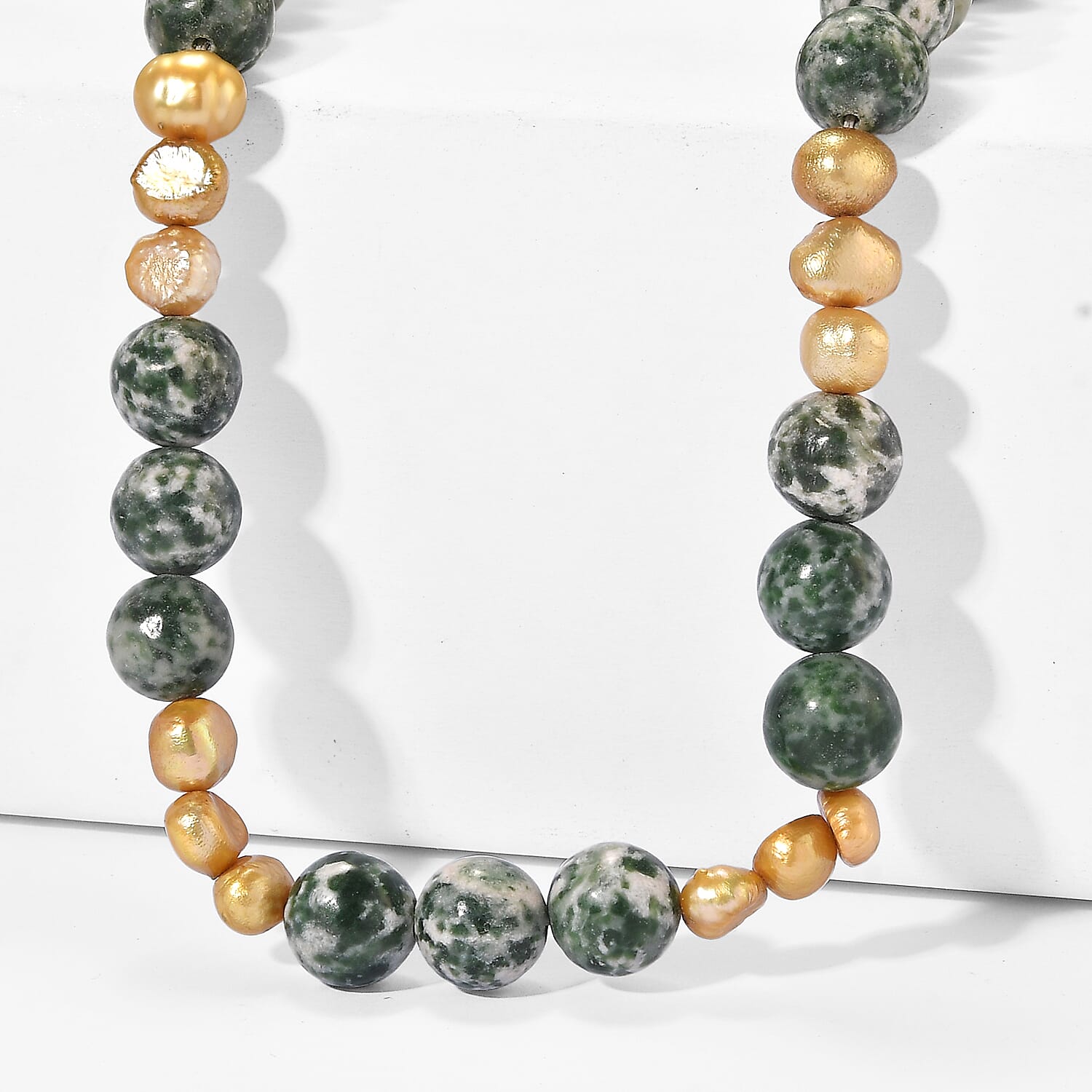 EverTrue Green Jasper and Yellow Pearl (D) 215.00 ctw Beaded Necklace in Stainless Steel 18 Inches