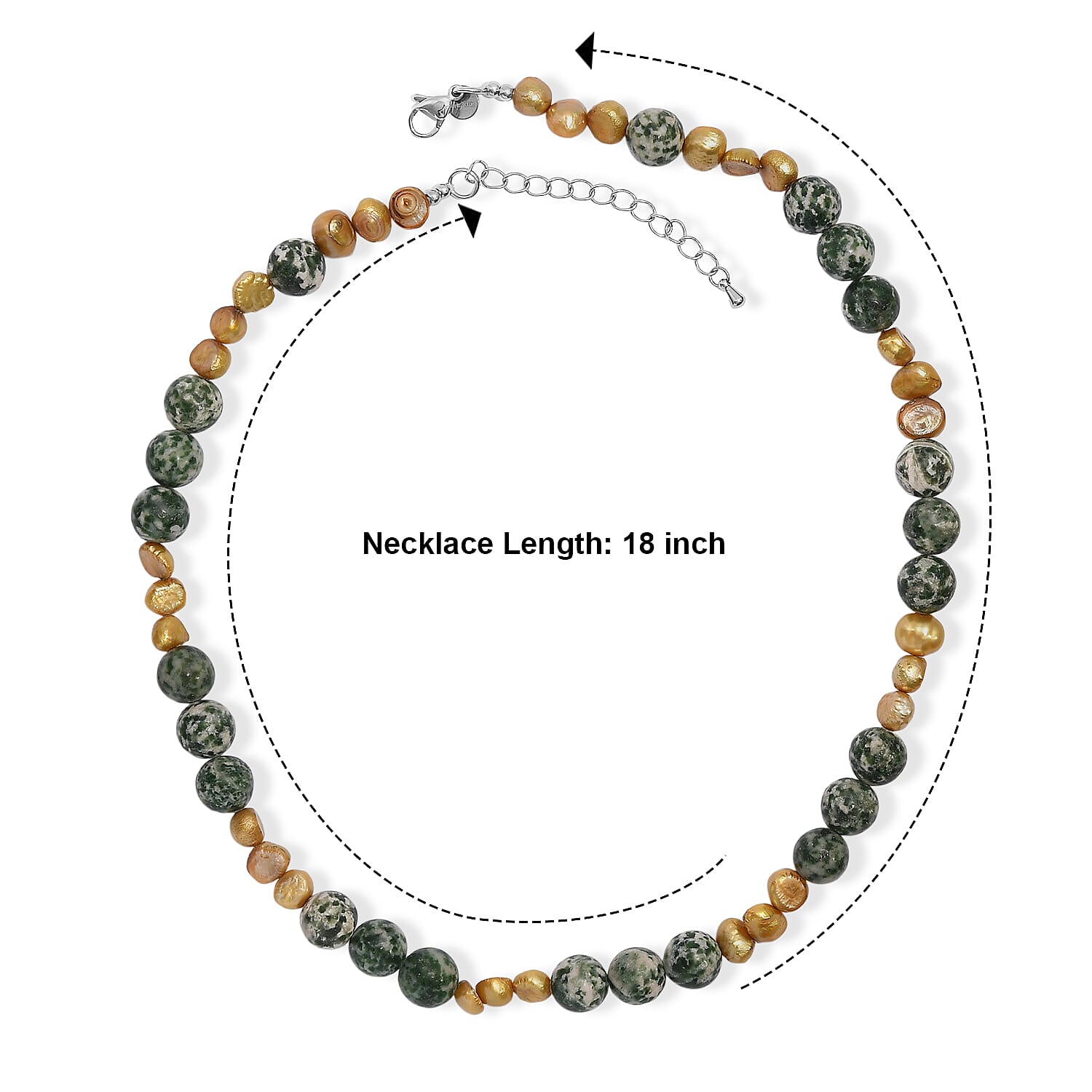 EverTrue Green Jasper and Yellow Pearl (D) 215.00 ctw Beaded Necklace in Stainless Steel 18 Inches