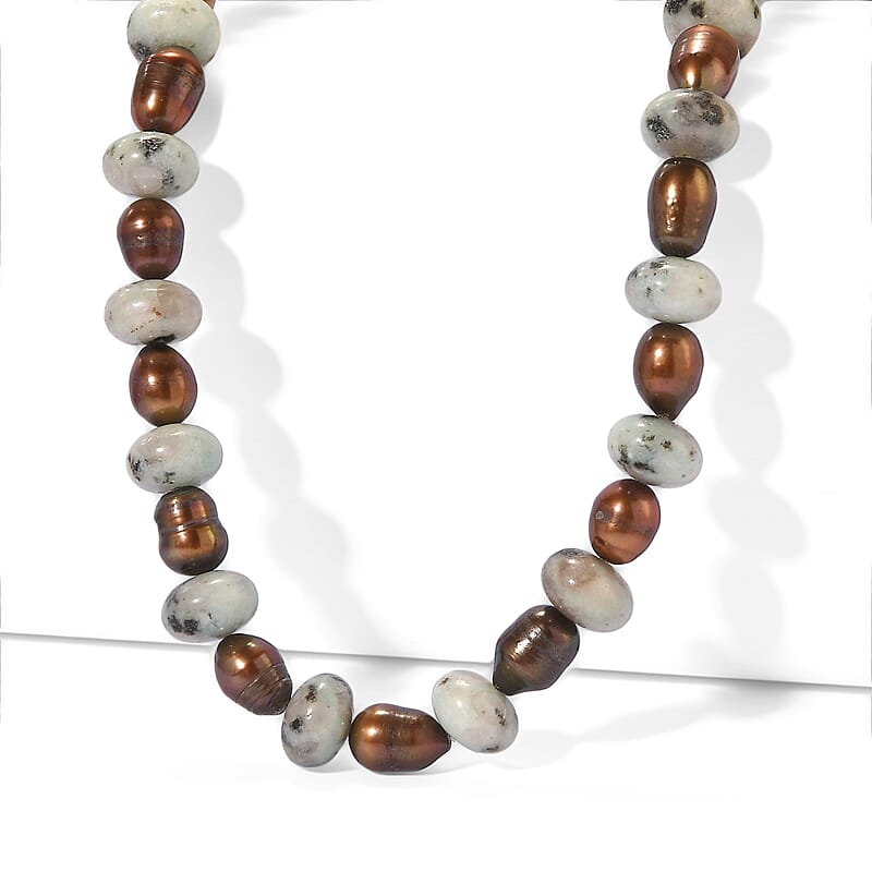 EverTrue Green Kiwi Jasper and Brown Pearl (D) 140.00 ctw Beaded Necklace in Stainless Steel 18 Inches