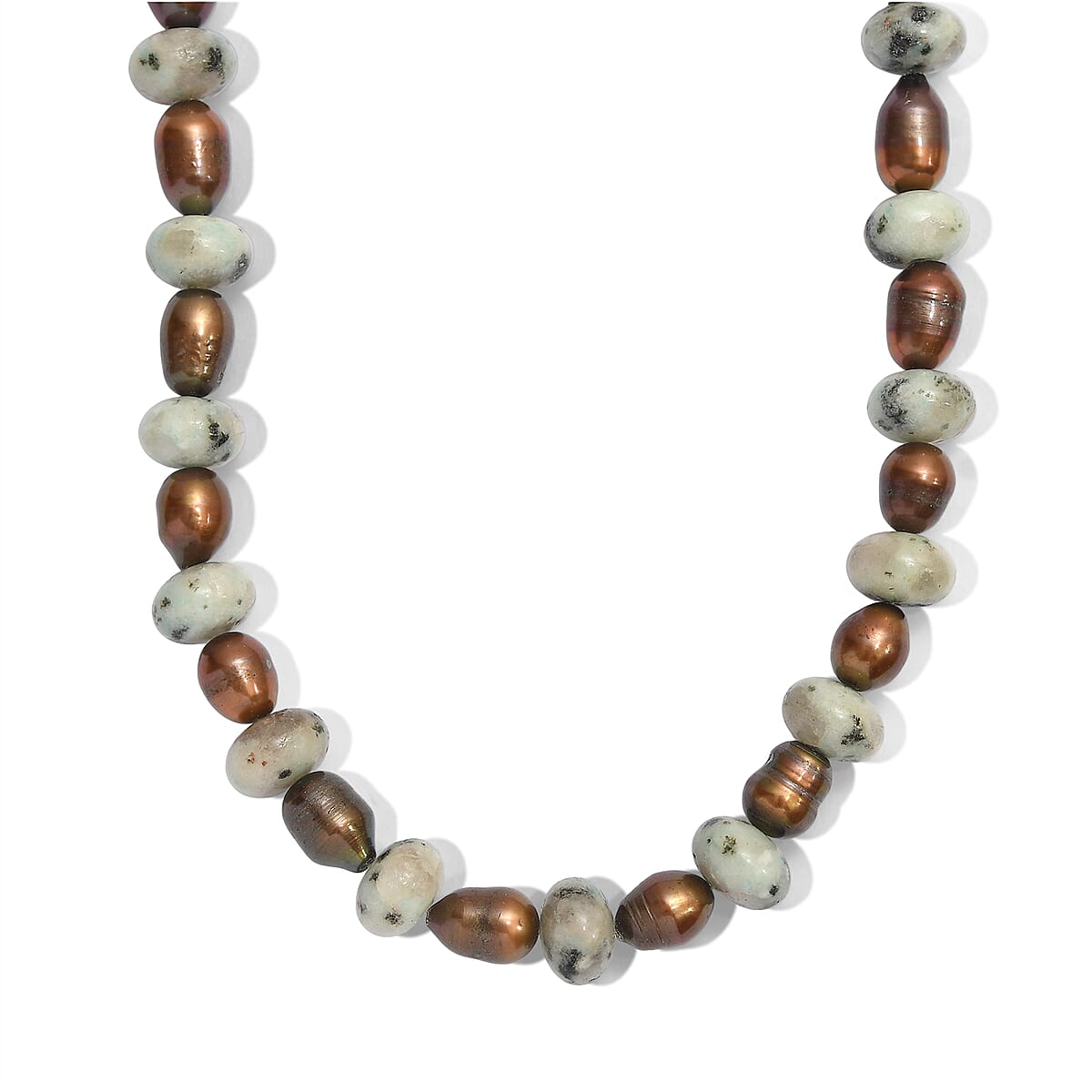 EverTrue Green Kiwi Jasper and Brown Pearl (D) 140.00 ctw Beaded Necklace in Stainless Steel 18 Inches  image number 1