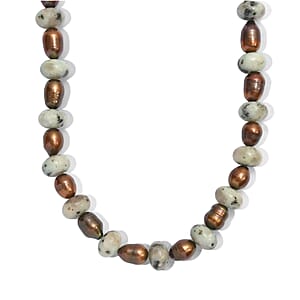 EverTrue Green Kiwi Jasper and Brown Pearl (D) 140.00 ctw Beaded Necklace in Stainless Steel 18 Inches 