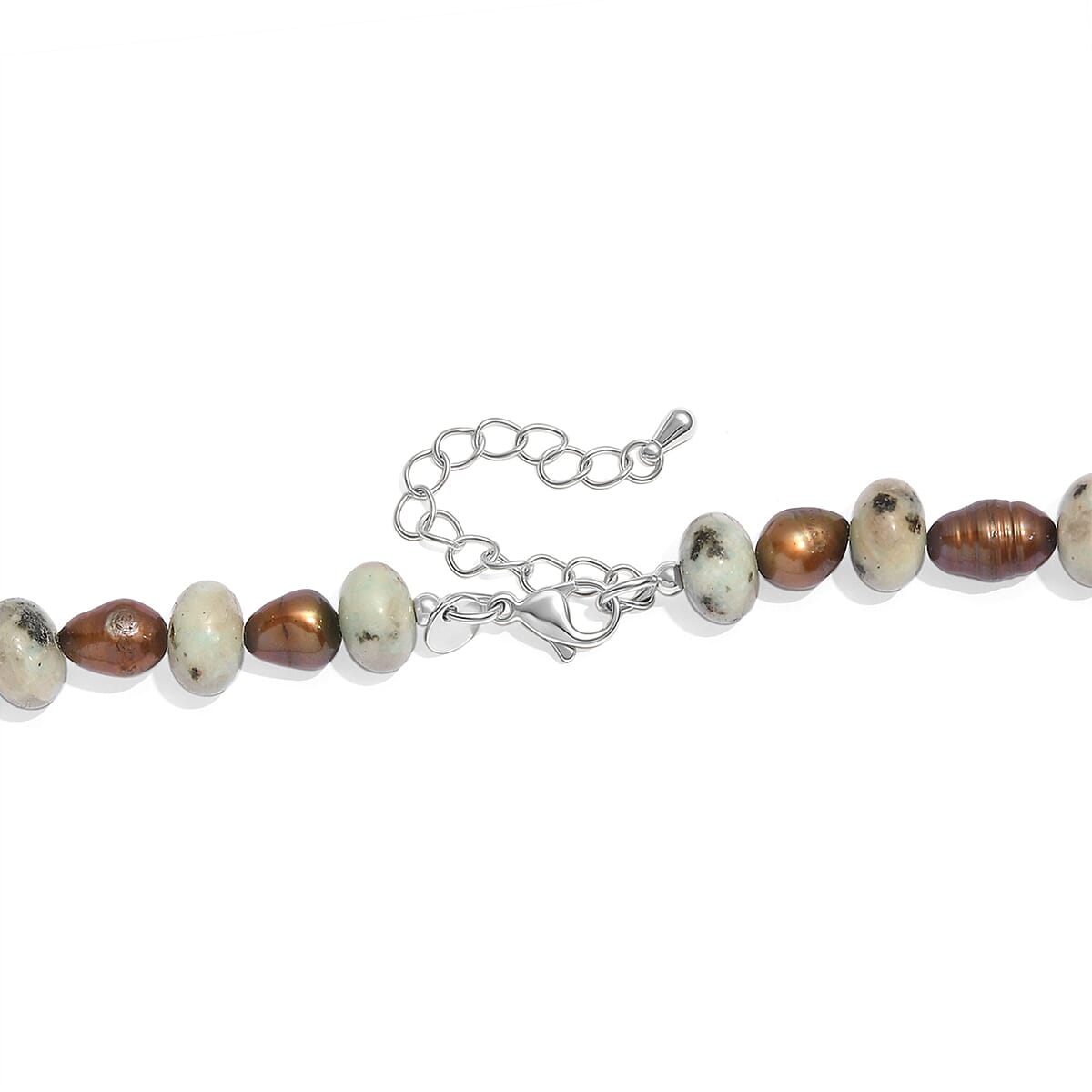 EverTrue Green Kiwi Jasper and Brown Pearl (D) 140.00 ctw Beaded Necklace in Stainless Steel 18 Inches  image number 2