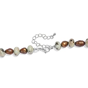 EverTrue Green Kiwi Jasper and Brown Pearl (D) 140.00 ctw Beaded Necklace in Stainless Steel 18 Inches 