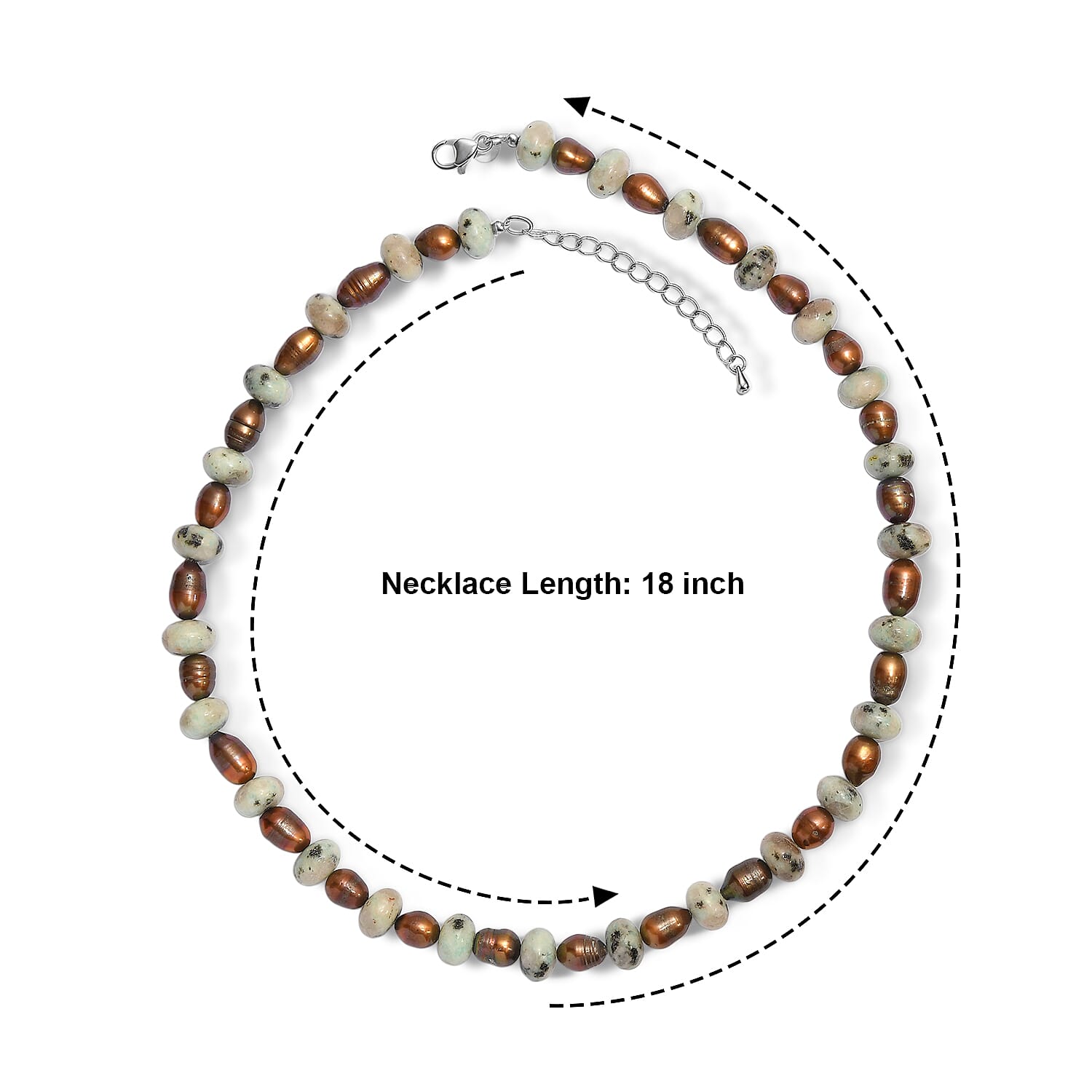 EverTrue Green Kiwi Jasper and Brown Pearl (D) 140.00 ctw Beaded Necklace in Stainless Steel 18 Inches