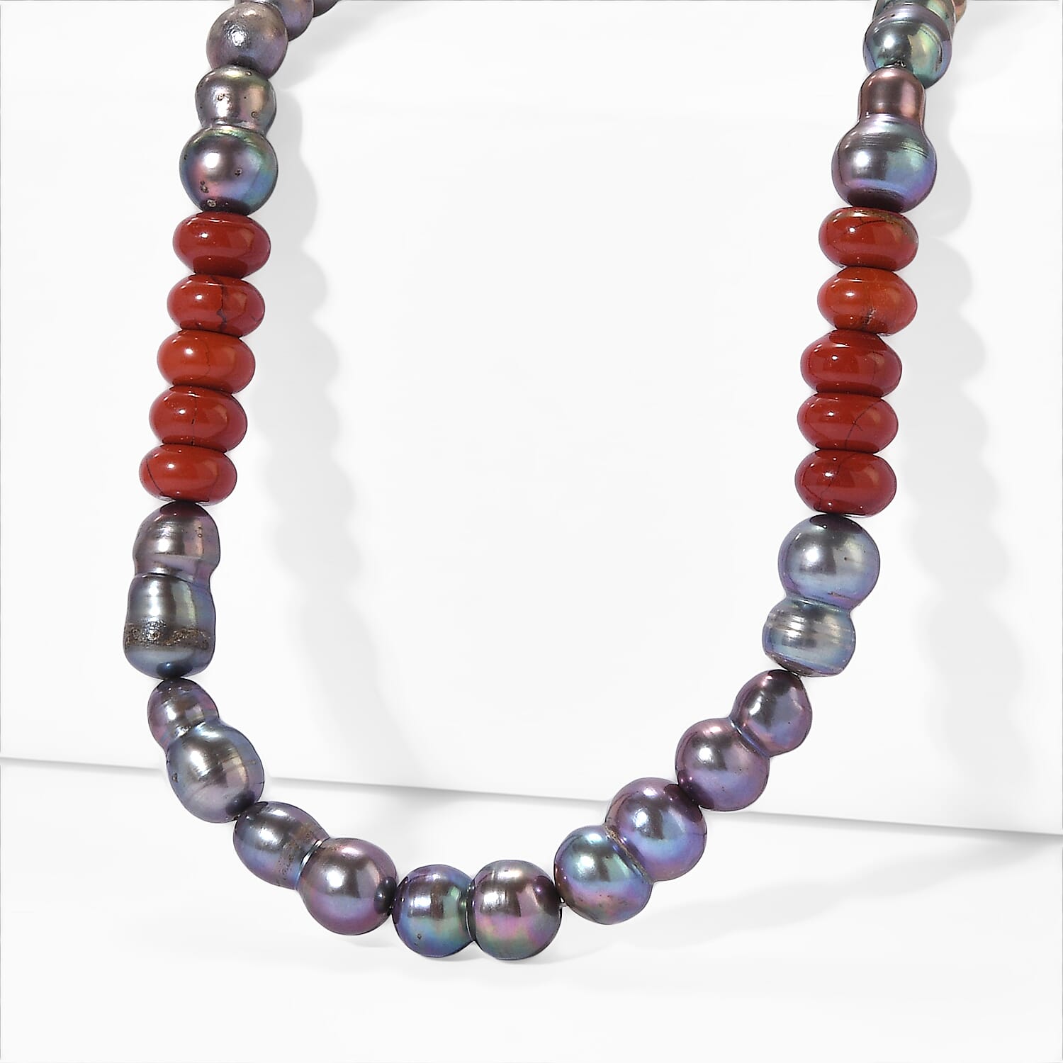 EverTrue Peacock Pearl (D) and Red Jasper 45.00 ctw Beaded Necklace in Stainless Steel 18 Inches