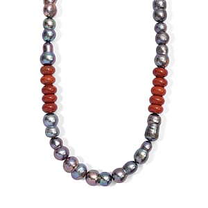 EverTrue Peacock Pearl (D) and Red Jasper 45.00 ctw Beaded Necklace in Stainless Steel 18 Inches 