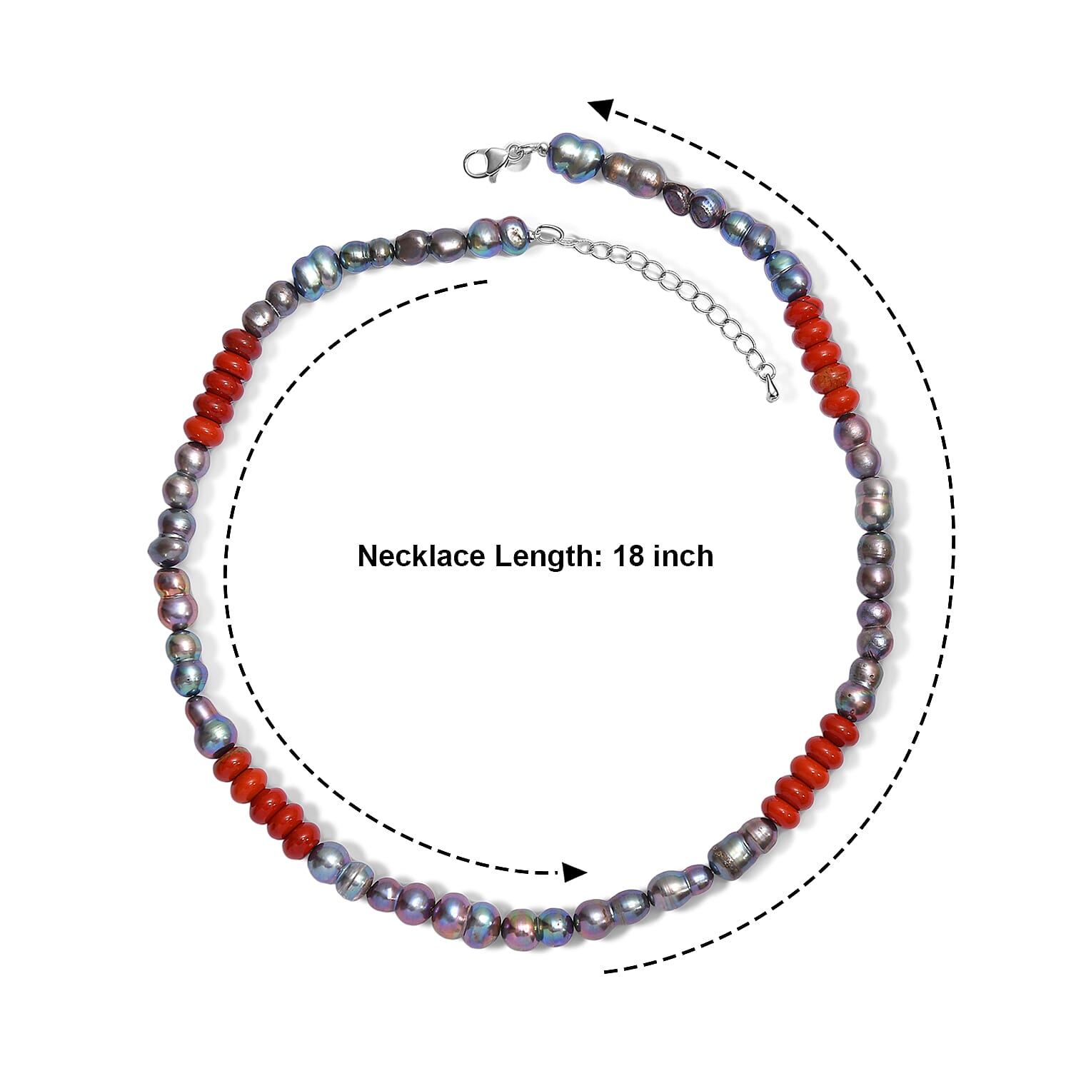 EverTrue Peacock Pearl (D) and Red Jasper 45.00 ctw Beaded Necklace in Stainless Steel 18 Inches
