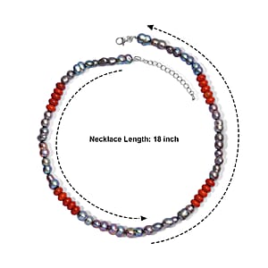 EverTrue Peacock Pearl (D) and Red Jasper 45.00 ctw Beaded Necklace in Stainless Steel 18 Inches 