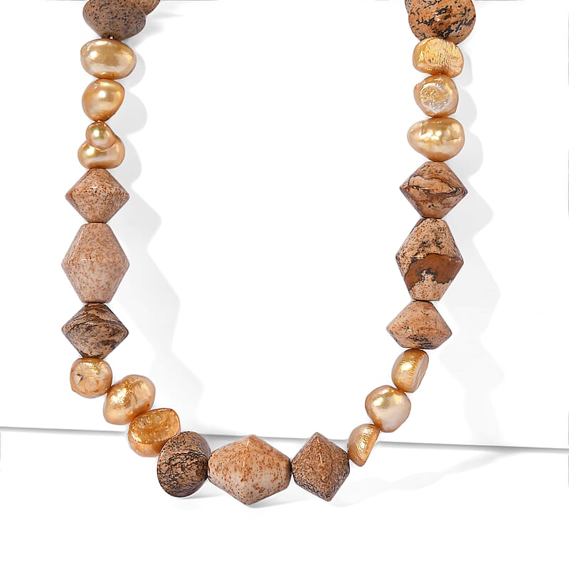 EverTrue Picture Jasper and Yellow Pearl (D) 140.00 ctw Beaded Necklace in Stainless Steel 18-20 Inches
