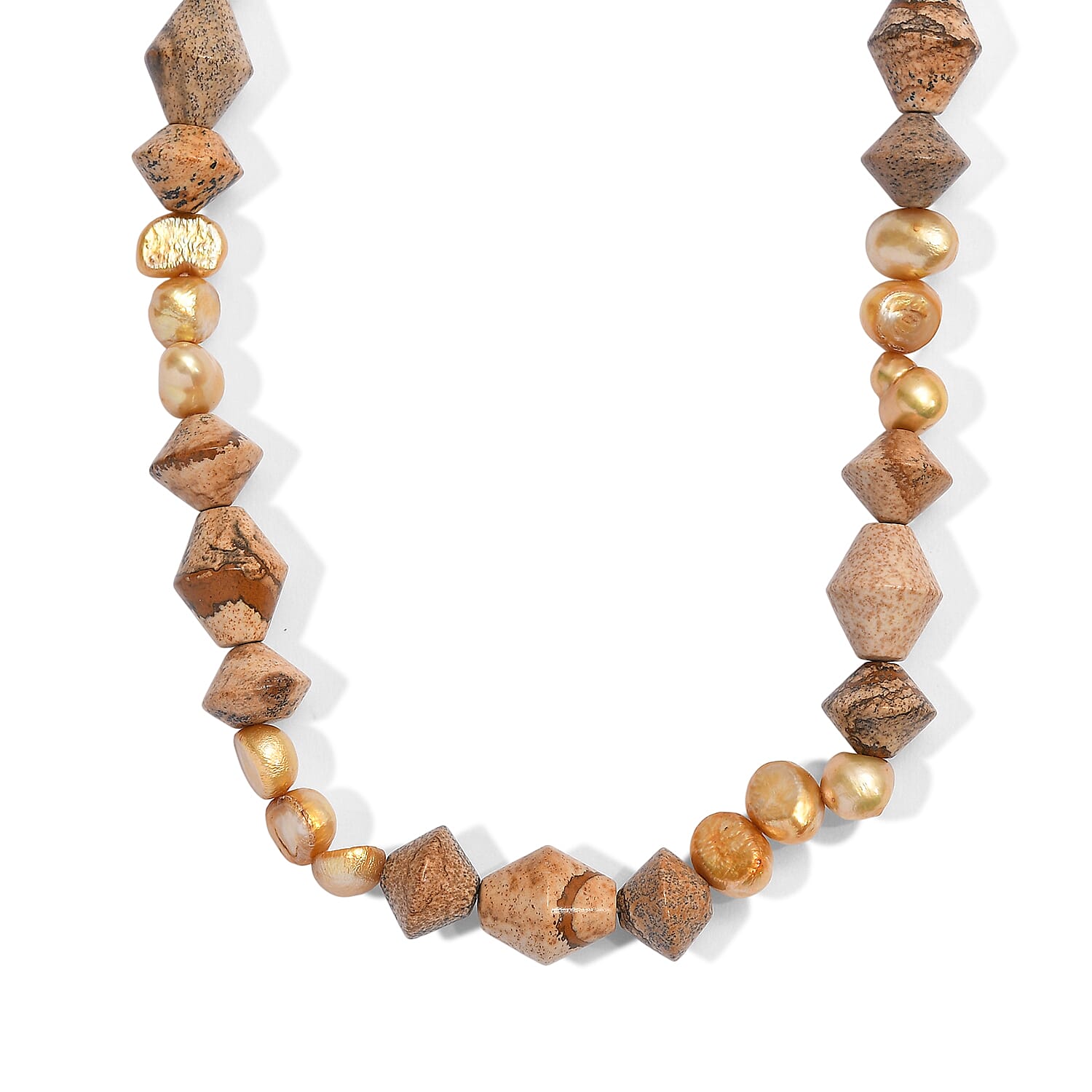 EverTrue Picture Jasper and Yellow Pearl (D) 140.00 ctw Beaded Necklace in Stainless Steel 18-20 Inches