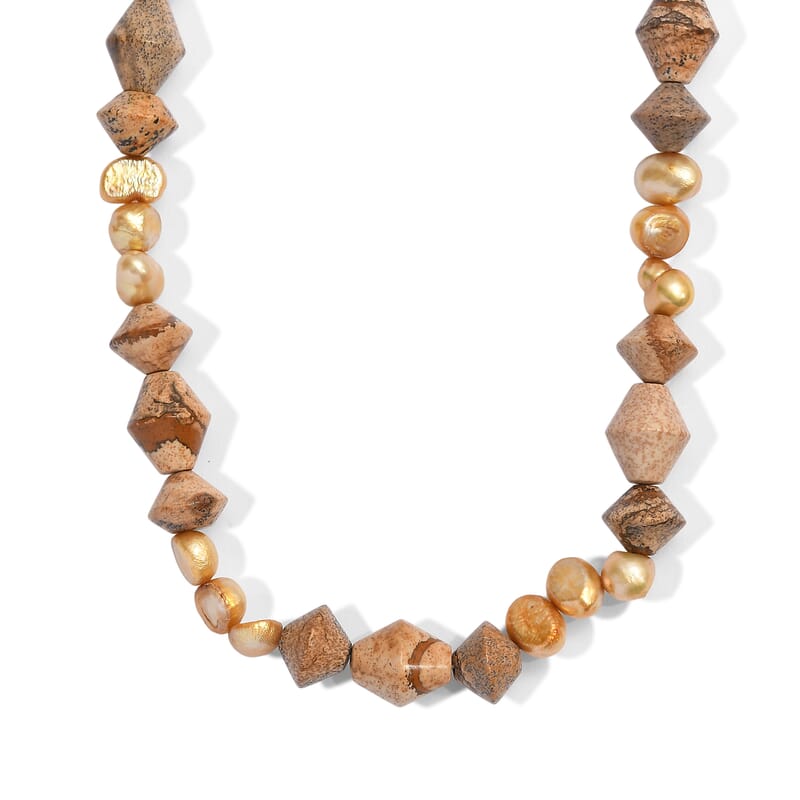 EverTrue Picture Jasper and Yellow Pearl (D) 140.00 ctw Beaded Necklace in Stainless Steel 18-20 Inches