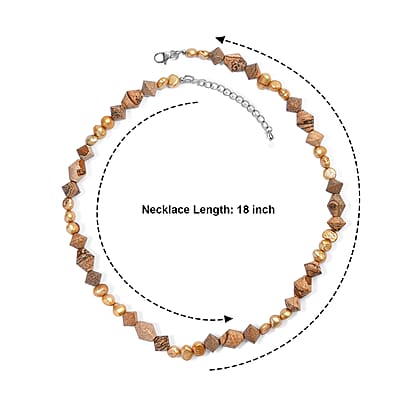 EverTrue Picture Jasper and Yellow Pearl (D) 140.00 ctw Beaded Necklace in Stainless Steel 18-20 Inches