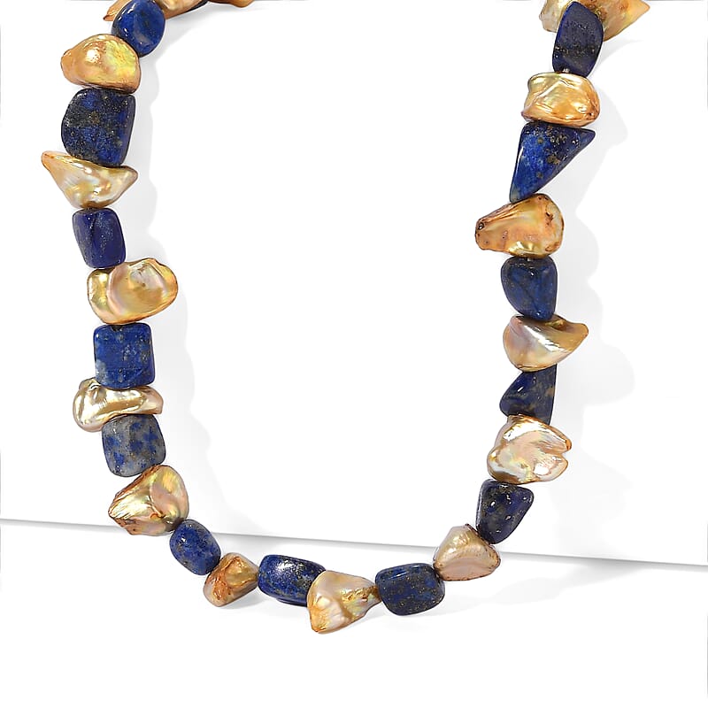 EverTrue Yellow Pearl (D) and Lapis Lazuli 65.00 ctw Beaded Necklace in Stainless Steel 18-20 Inches