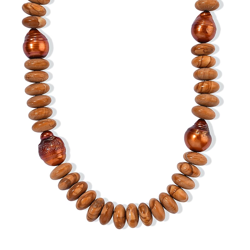 EverTrue Brown Pearl (D) and Picture Jasper 215.00 ctw Beaded Necklace in Stainless Steel 18-20 Inches