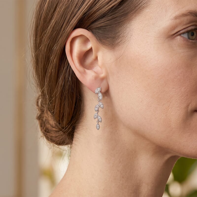 Luxuriant Lab Grown Diamond (G-H, SI) Leaf Earrings in Rhodium Over Sterling Silver 1.00 ctw