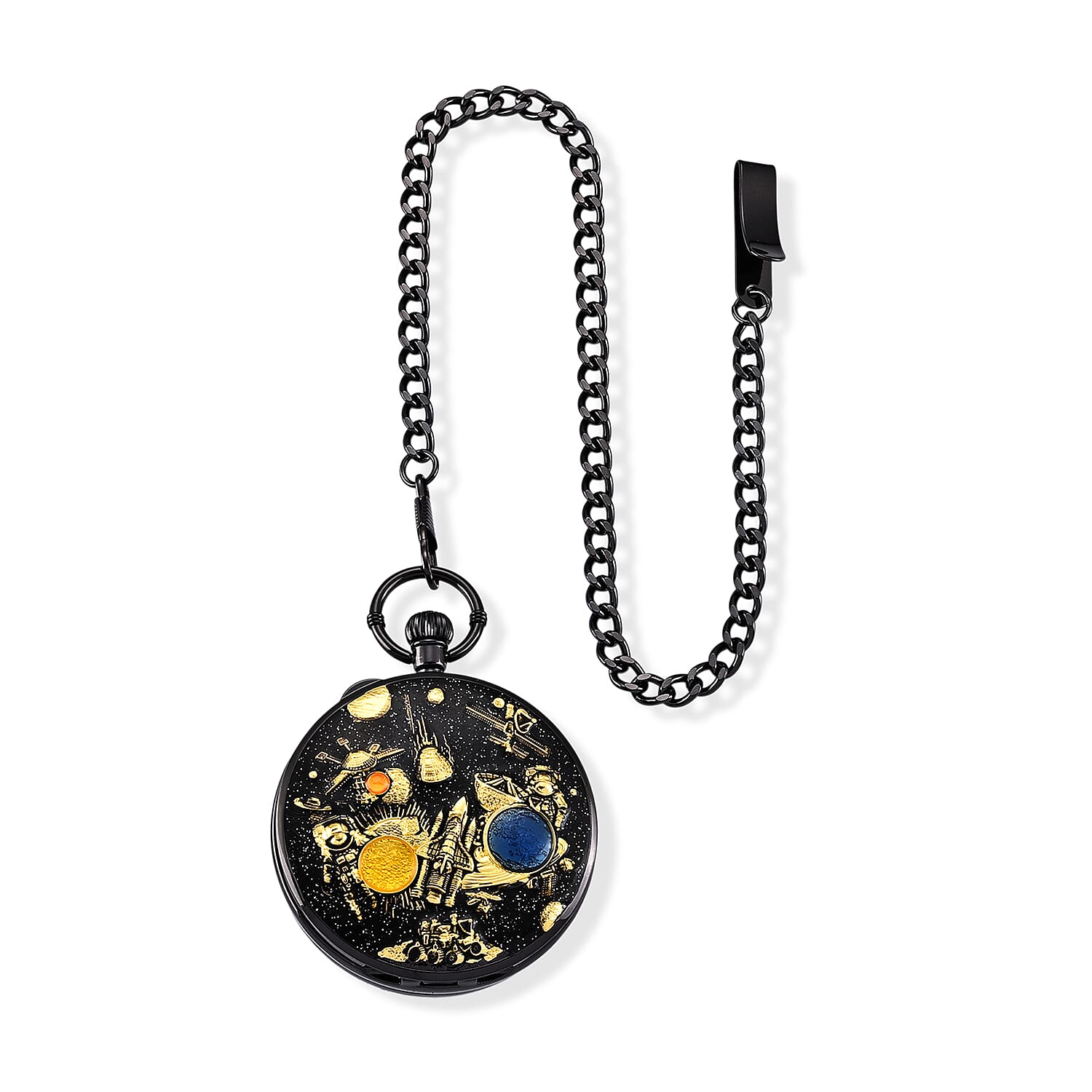 Genoa Multi Color Enameled Japanese Movement Space Pattern Music Pocket Watch with Piano Pattern Back and Chain (14 Inches)