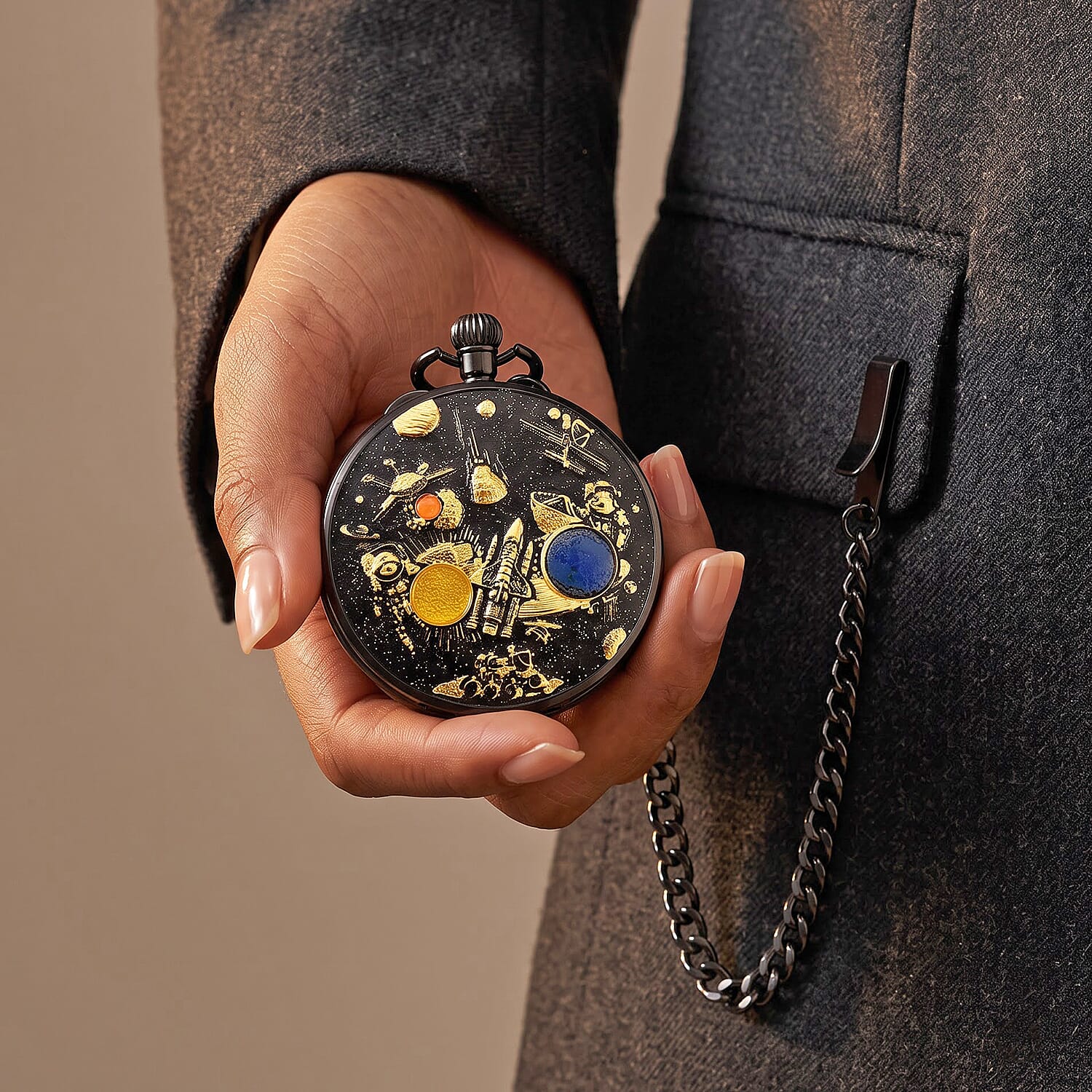Genoa Multi Color Enameled Japanese Movement Space Pattern Music Pocket Watch with Piano Pattern Back and Chain (14 Inches)
