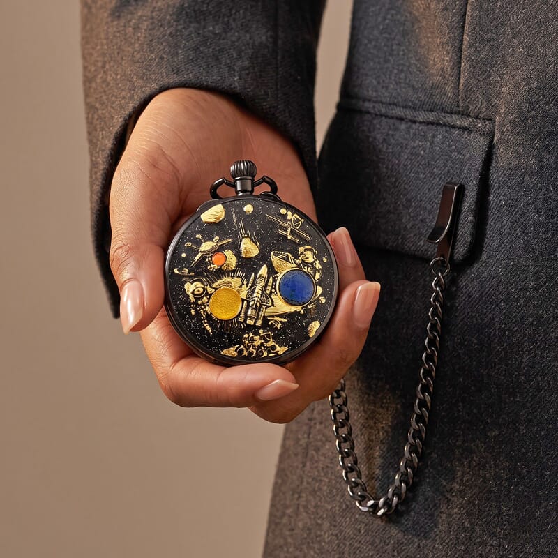 Genoa Multi Color Enameled Japanese Movement Space Pattern Music Pocket Watch with Piano Pattern Back and Chain (14 Inches)