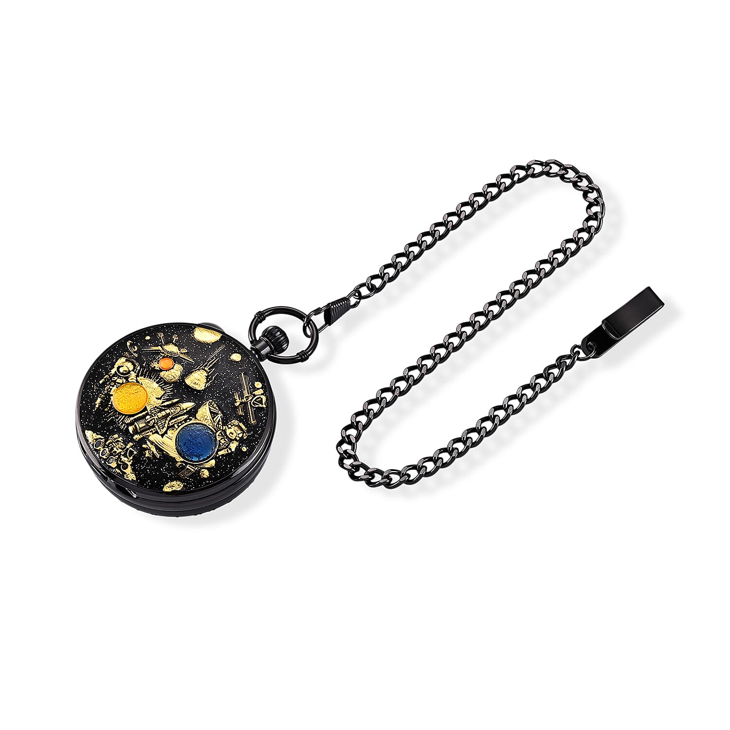 Genoa Multi Color Enameled Japanese Movement Space Pattern Music Pocket Watch with Piano Pattern Back and Chain (14 Inches)
