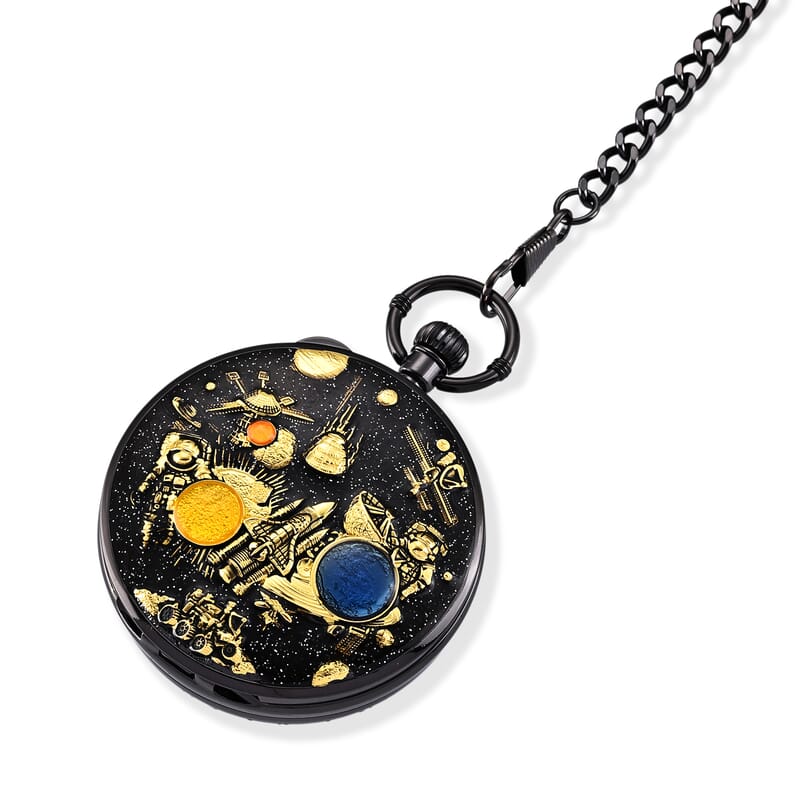 Genoa Multi Color Enameled Japanese Movement Space Pattern Music Pocket Watch with Piano Pattern Back and Chain (14 Inches)