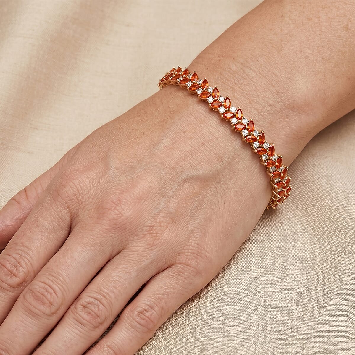 D'Joy Mexican Cherry Fire Opal and Moissanite 5.85 ctw Bracelet in 18K Vermeil Yellow Gold Over Sterling Silver (7.25 In) image number 1