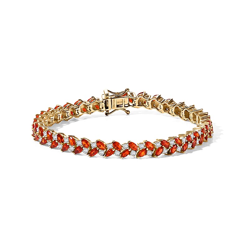 D'Joy Mexican Cherry Fire Opal and Moissanite 5.00 ctw Golden Sunset Bracelet in 18K Vermeil Yellow Gold Over Sterling Silver (6.50 In)