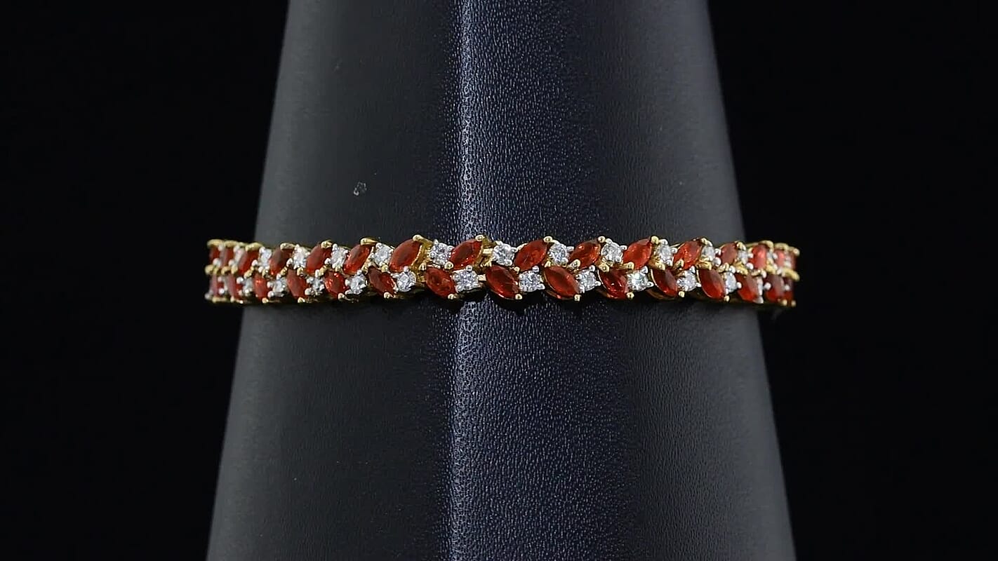 D'Joy Mexican Cherry Fire Opal, Moissanite Golden Sunset Bracelet in 18K Vermeil Yellow Gold Over Sterling Silver (7.25 In) 5.85 ctw