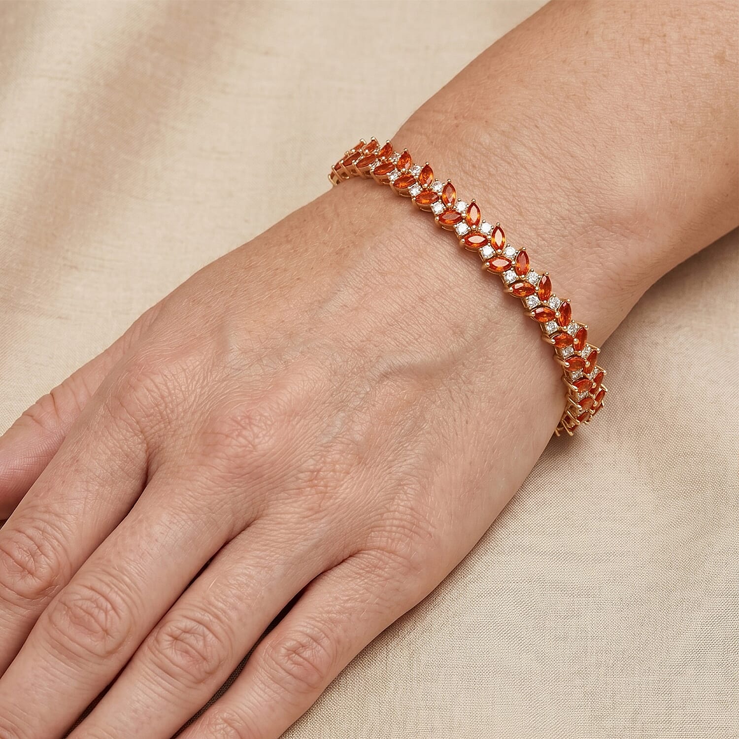 D'Joy Mexican Cherry Fire Opal and Moissanite 5.00 ctw Golden Sunset Bracelet in 18K Vermeil Yellow Gold Over Sterling Silver (6.50 In)