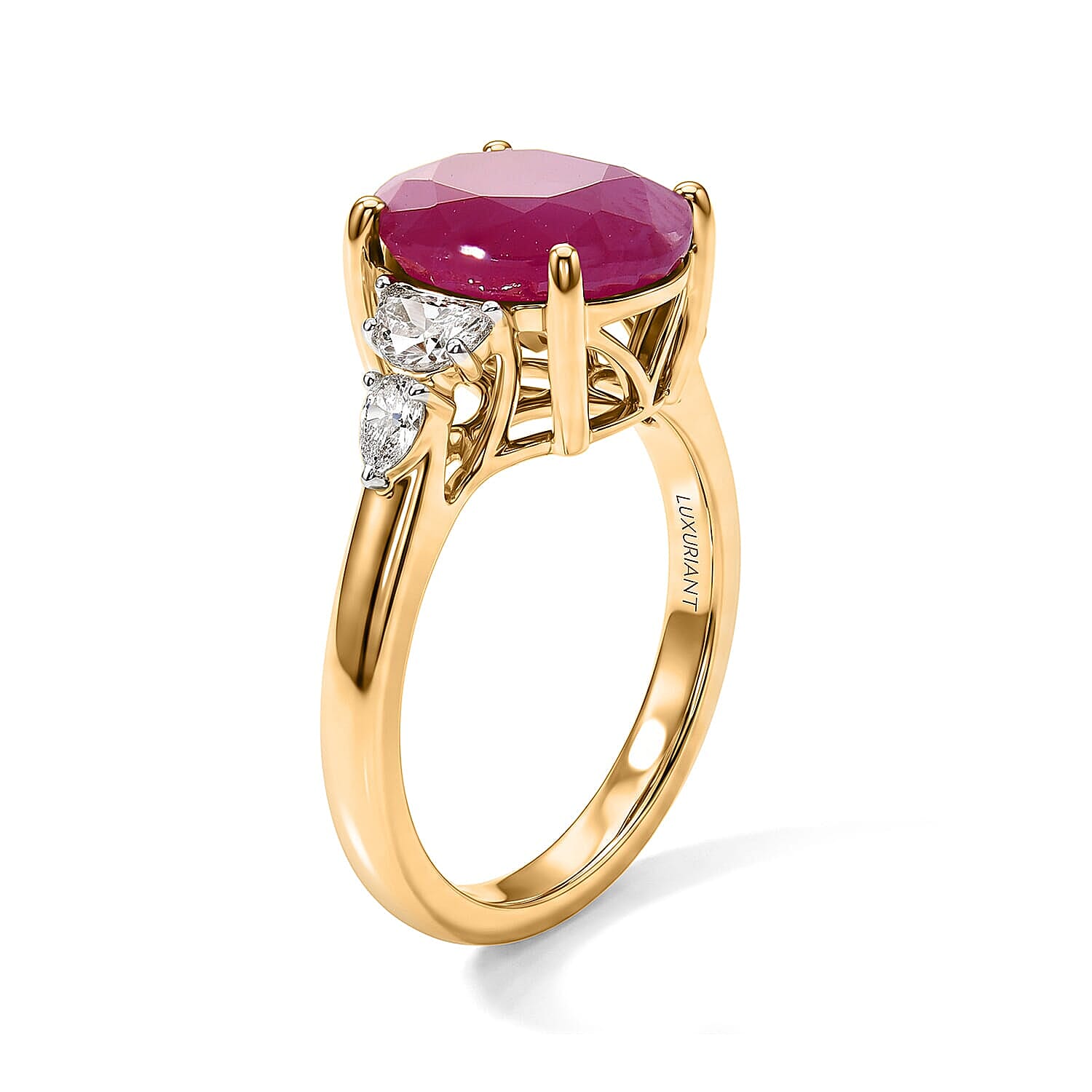 Certified & Appraised 10K Yellow Gold AAA Ruby, Luxuriant Lab Grown Diamond (G-H, SI) Ring (Size 5.0) 5.60 ctw