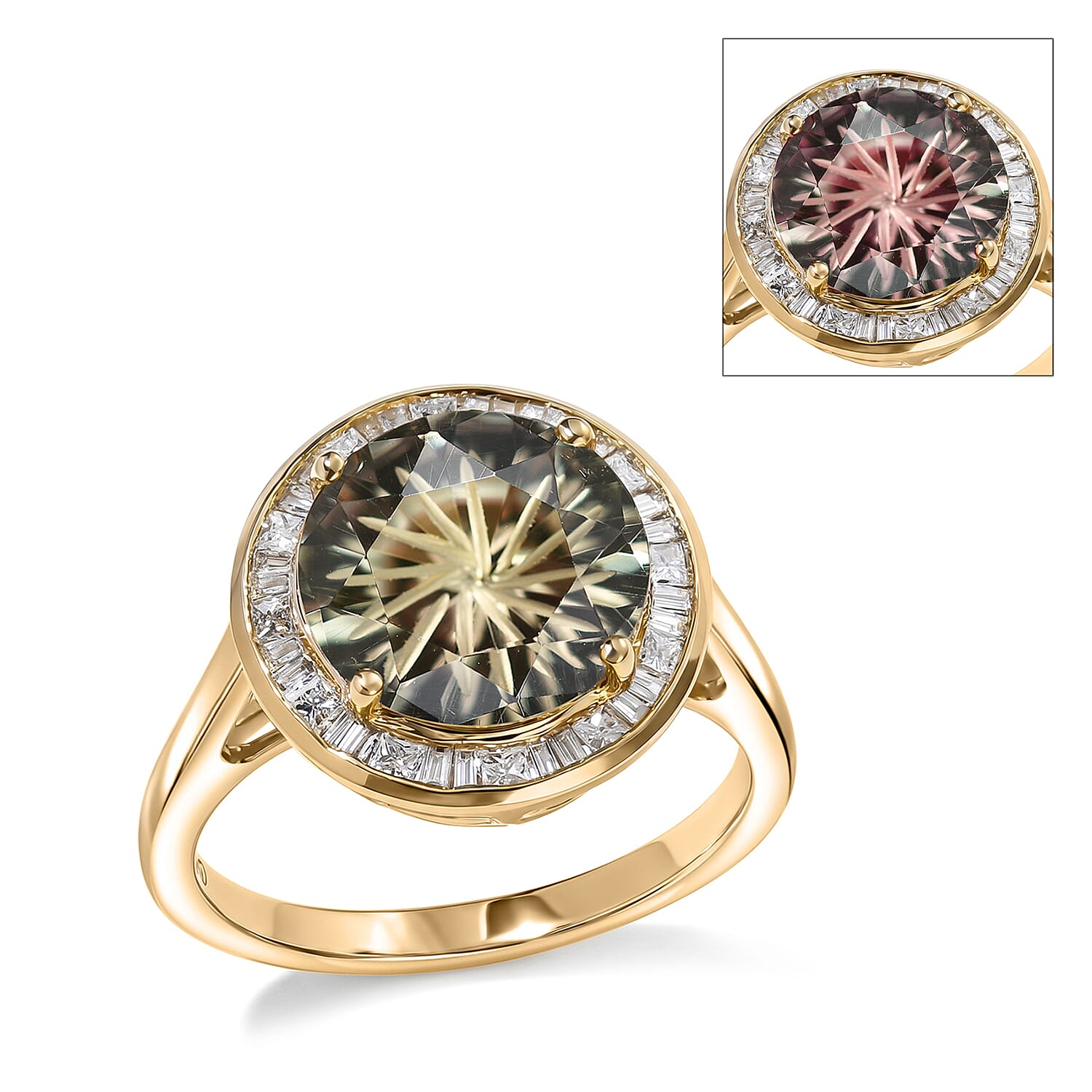 Certified & Appraised Hanabi Cut AAA Turkizite and Luxuriant White Diamond I2 4.30 ctw Solitaire Ring in 10K Yellow Gold (Size 6.0)