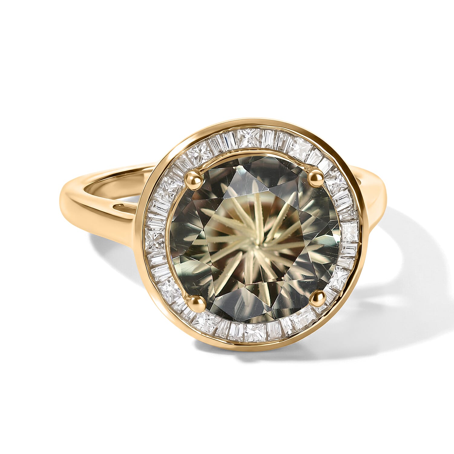 Certified & Appraised Hanabi Cut AAA Turkizite and Luxuriant White Diamond I2 4.30 ctw Solitaire Ring in 10K Yellow Gold (Size 6.0)