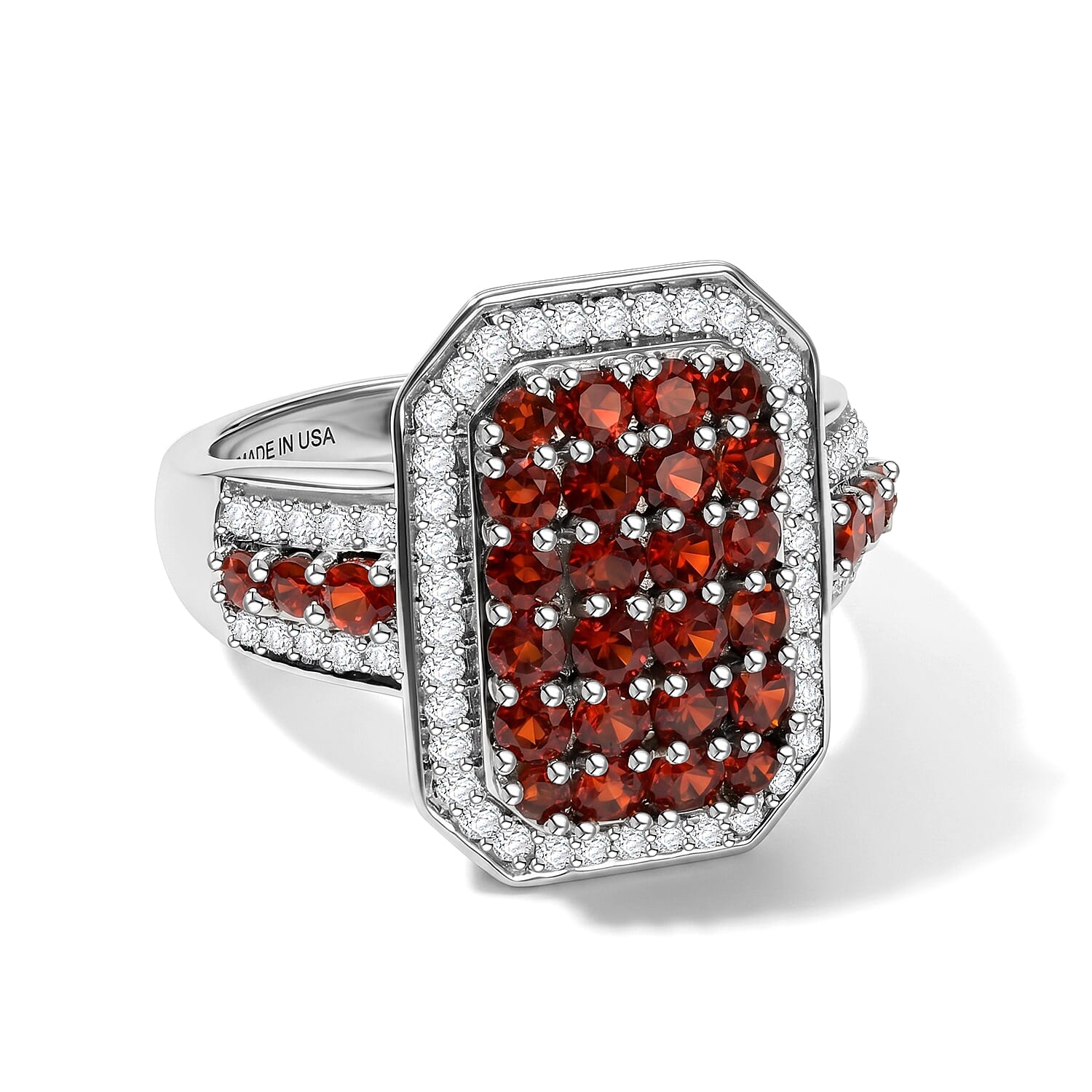 D'Joy Mexican Cherry Fire Opal, White Zircon Royal Sunset Ring in Rhodium Over Sterling Silver (Size 10.0) 1.60 ctw