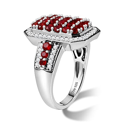 D'Joy Mexican Cherry Fire Opal and White Zircon 1.60 ctw Royal Sunset Ring in Rhodium Over Sterling Silver (Size 5.0)
