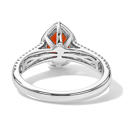 D'Joy Mexican Cherry Fire Opal and Moissanite 1.10 ctw Sunset Kiss Ring in Rhodium Over Sterling Silver (Size 6.0)