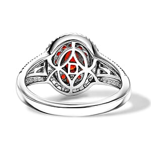   Mexican Cherry Fire Opal, Moissanite Crimson Bloom Ring in Rhodium Over Sterling Silver (Size 7.0) 1.00 ctw