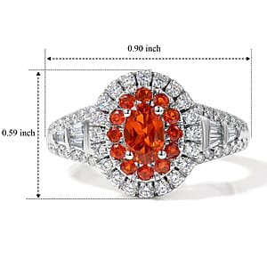   Mexican Cherry Fire Opal, Moissanite Crimson Bloom Ring in Rhodium Over Sterling Silver (Size 7.0) 1.00 ctw