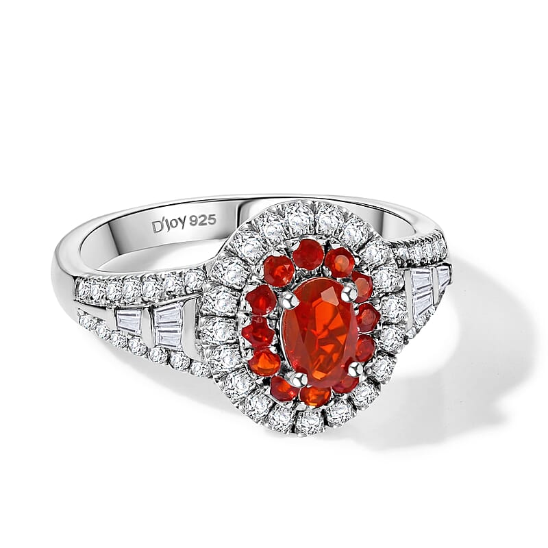 D'Joy Mexican Cherry Fire Opal and Moissanite 1.00 ctw Crimson Bloom Ring in Rhodium Over Sterling Silver (Size 5.0)